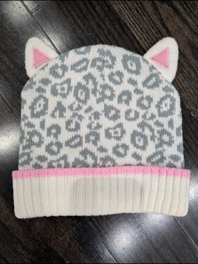 5/$35 Kids Knit Cat Ear Beanie - White & Gray with Pink Trim